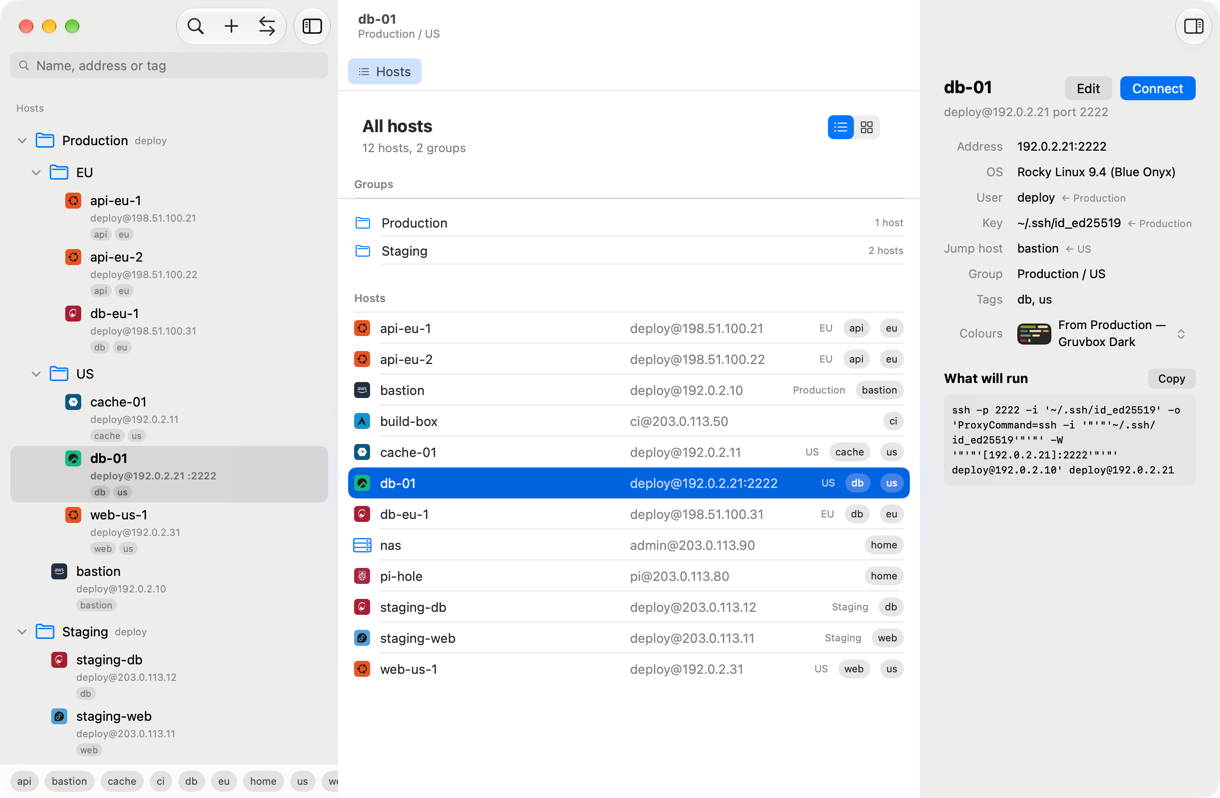 The host list: groups in the sidebar, every host drawn with its system's mark, and the inspector on the host selected — the user, key and jump host it inherits from the groups above it, its palette, and the exact ssh command it will run.
